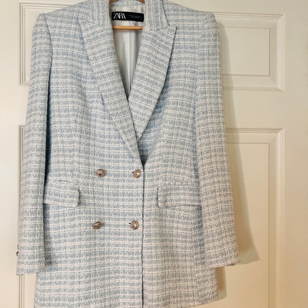 Zara Women's Light Blue Tweed Blazer